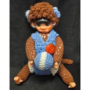Vintage Rubber Face Crochet Baby Monkey Stuffed Plush Amigurumi Doll